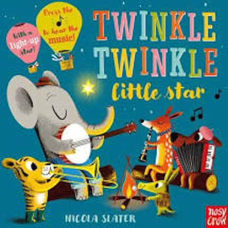 Cover of Twinkle Twinkle Little Star: Pět malých zvířátek držících hudební nástroje hraje radostně na své nástroje u ohně proti noční obloze.