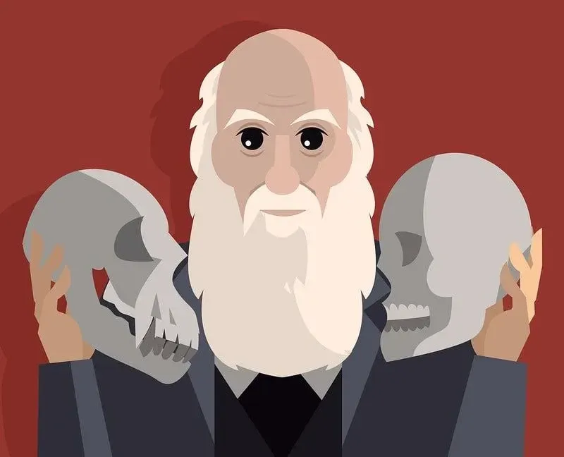 Tecknad teckning av Charles Darwin som håller upp en skalle i vardera handen.