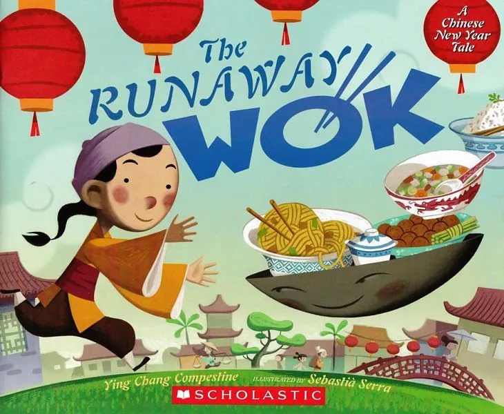 Forside av The Runaway Wok: en ung jente løper på gresset i nabolaget og prøver å fange woken sin full av mat foran seg.