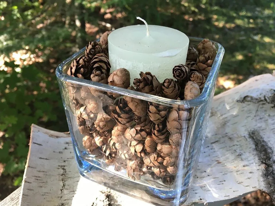 Un joli petit présentoir à bougies avec des cônes de pruche comme accents.