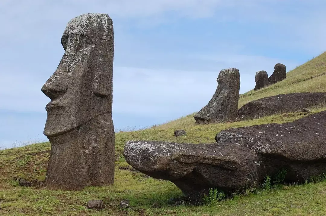 Moai-statuer plassert i forskjellige retninger.