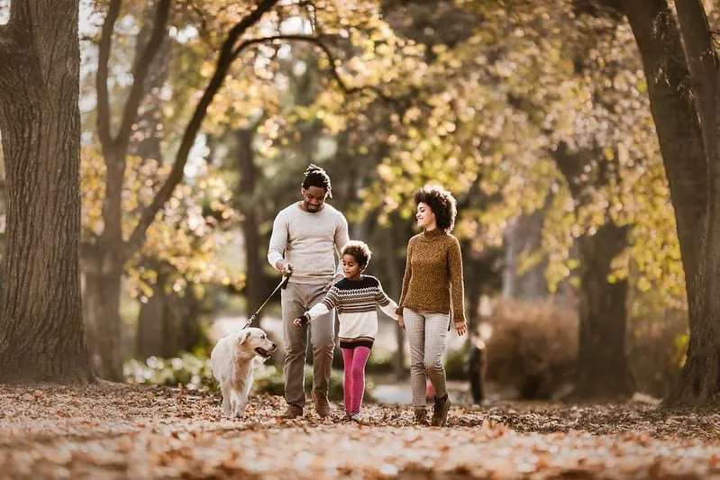 Glad familie går tur med hunden sin i parken.