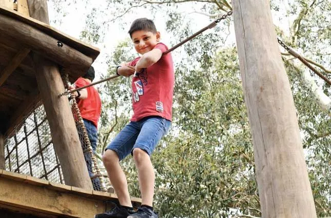 Chico en curso de cuerdas altas en Kew Gardens nuevo parque infantil