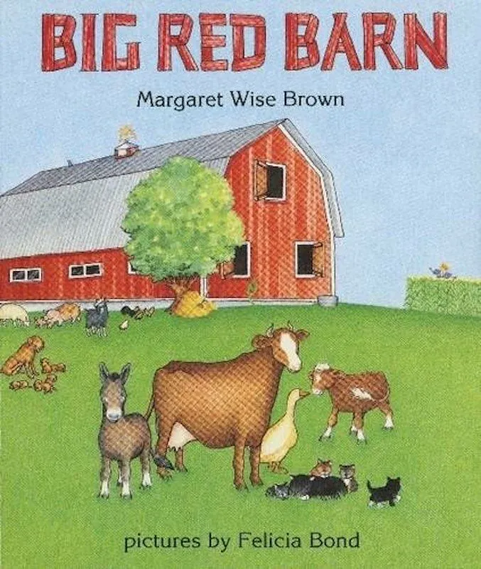Obálka Big Red Barn: velká červená stodola je v pozadí za jasného slunečného dne. V popředí jsou hospodářská zvířata: krávy, koně, kachny a kočky.