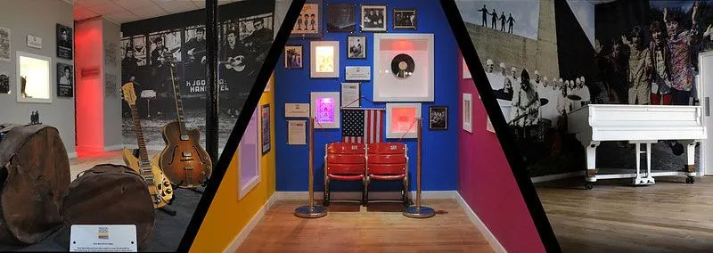 Imagen de collage de tres salas de exhibición en el Museo de los Beatles de Liverpool.